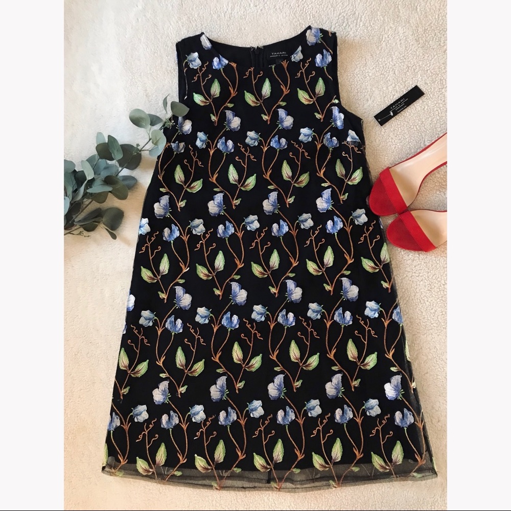 TAHARI Embroidered Floral Vine Dress